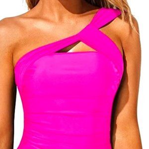 NWT Two Piece One Shoulder Tankini Swimsuit in Fuschia/Hot Pink